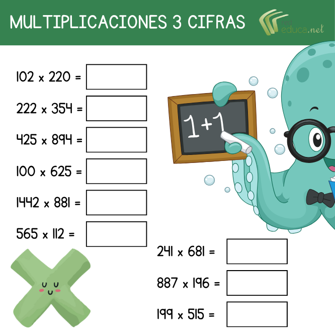 Ejercicios de multiplicaciones con tres cifras